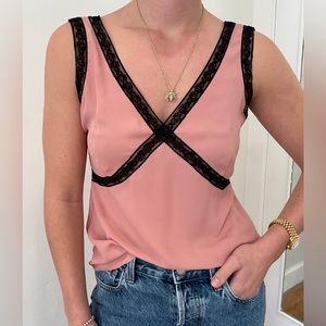 J. Crew Dusty Rose Cami Tank With Black Lace Trim Sleeveless
